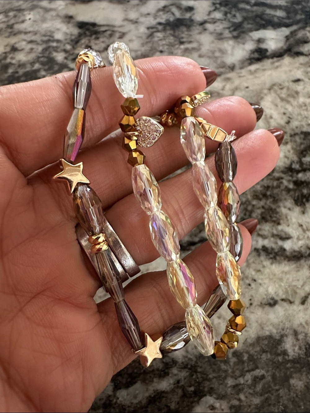 Crystal and Gold Bead Stretch anklet Bracelet Set - Iridescent and Brown